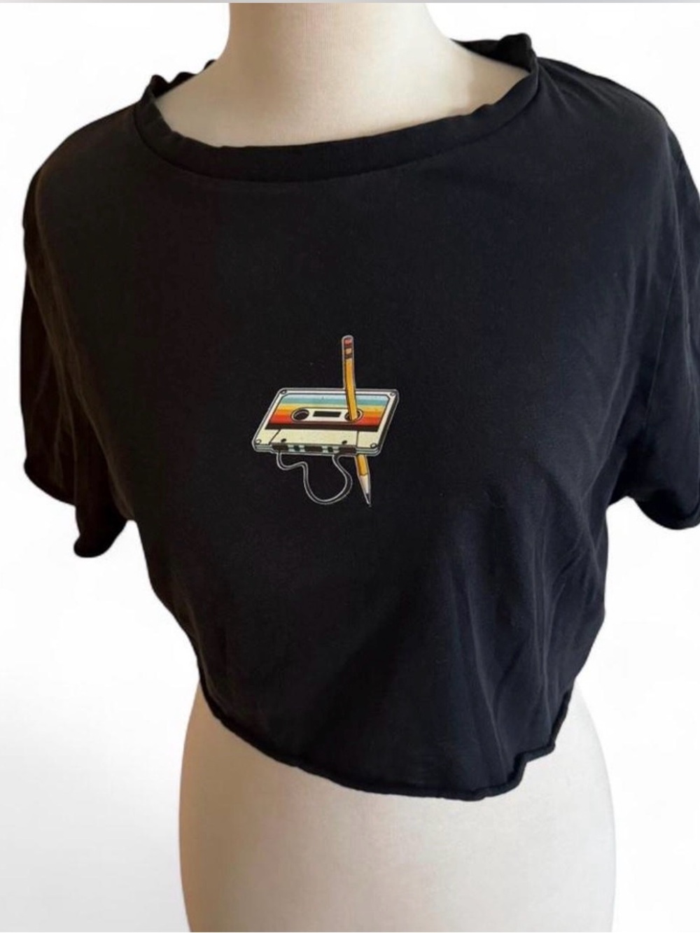 Black Crop Top with Retro Cassette Graphic